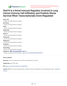 Glut10 Is a Novel Immune Regulator Involved in Lung Cancer Immune Cell Infltration and Predicts Worse Survival When Transcriptionally Down-Regulated