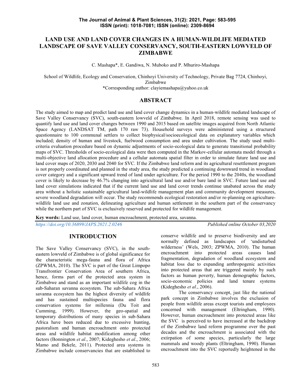 Land Use and Land Cover Changes in a Human-Wildlife Mediated Landscape of Save Valley Conservancy, South-Eastern Lowveld of Zimbabwe