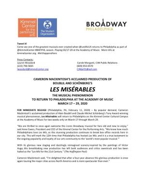 Les Misérables the Musical Phenomenon to Return to Philadelphia at the Academy of Music March 17 – 29, 2020