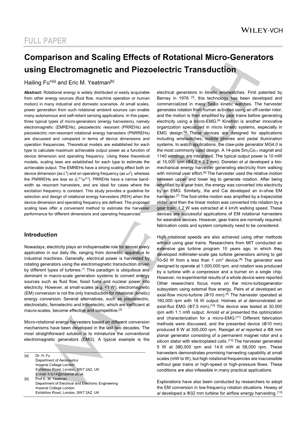 FULL PAPER Comparison and Scaling Effects of Rotational Micro-Generators Using Electromagnetic and Piezoelectric Transduction