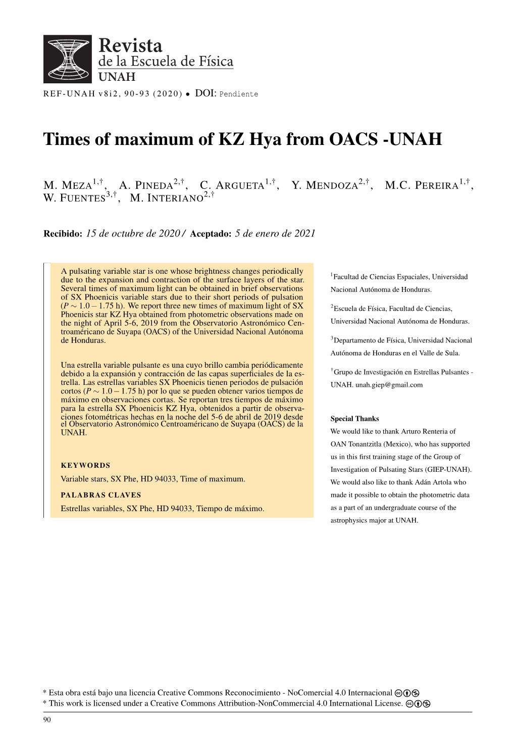 Times of Maximum of KZ Hya from OACS -UNAH