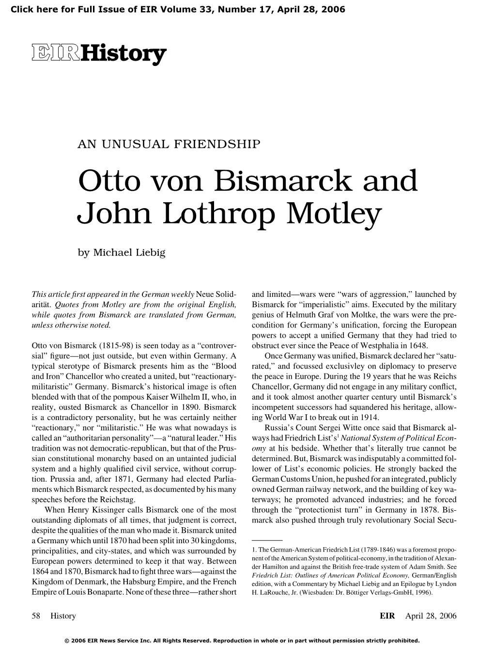 An Unusual Friendship: Otto Von Bismarck and John Lothrop Motley