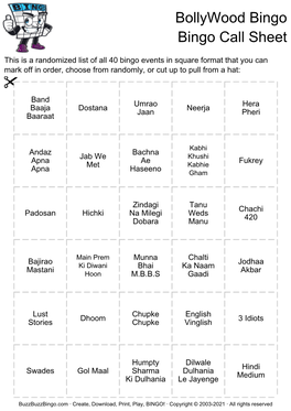 Bollywood Bingo Bingo Call Sheet