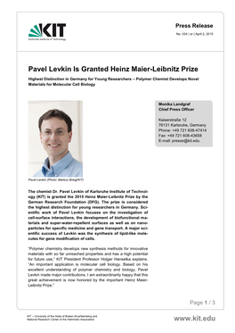 Pavel Levkin Is Granted Heinz Maier-Leibnitz Prize