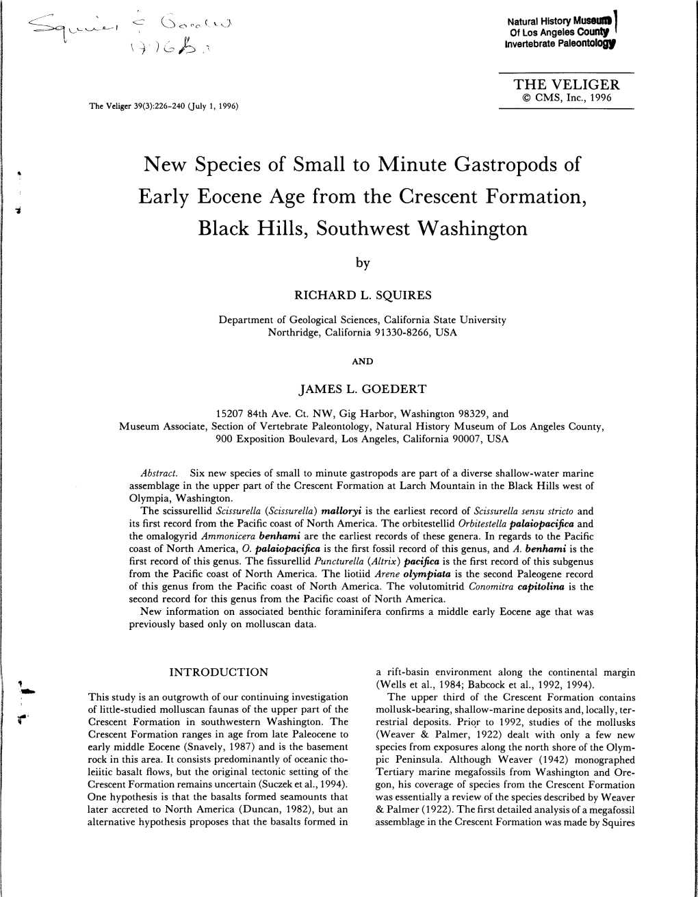 New Species of Small to Minute Gastropods of Early Eocene Age from the Crescent Formation, Black Hills, Southwest Washington