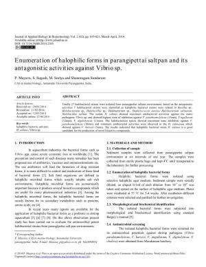 Enumeration of Halophilic Forms in Parangipettai Saltpan and Its Antagonistic Activities Against Vibrio Sp
