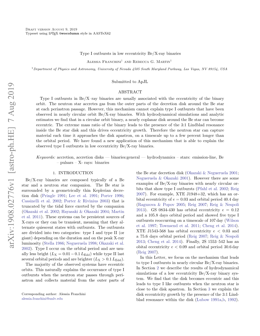 Arxiv:1908.02776V1 [Astro-Ph.HE] 7 Aug 2019 2002)