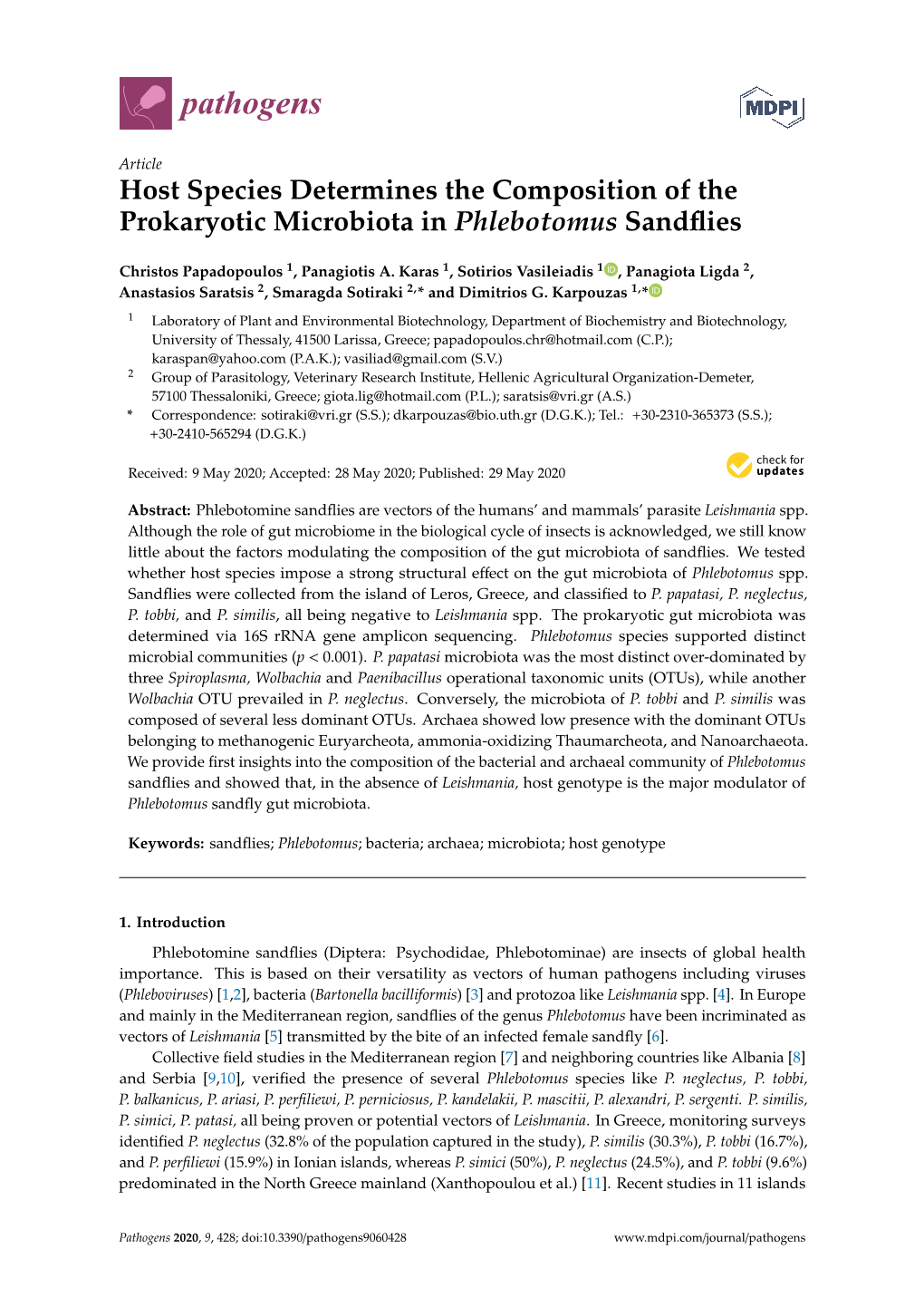 Host Species Determines the Composition of the Prokaryotic Microbiota in Phlebotomus Sandﬂies