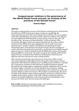 Unequal Power Relations in the Governance of the World Social Forum Process: an Analysis of the Practices of the Nairobi Forum Andrea Rigon