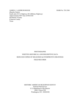 JAMES L. LANDRUM HOUSE HABS No. TX-3548 (Rancho Ciprés) South Side of U.S