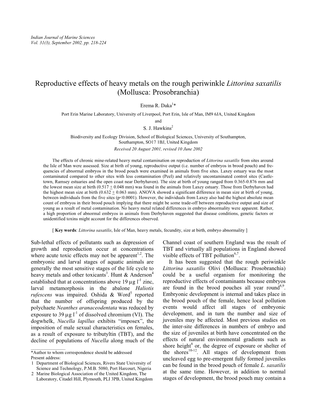 Reproductive Effects of Heavy Metals on the Rough Periwinkle Littorina Saxatilis (Mollusca: Prosobranchia)