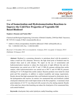Use of Isomerization and Hydroisomerization Reactions to Improve the Cold Flow Properties of Vegetable Oil Based Biodiesel