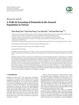 Research Article a Walk-In Screening of Dementia in the General Population in Taiwan