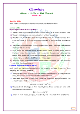 Chapter 10 the S-Block Elements