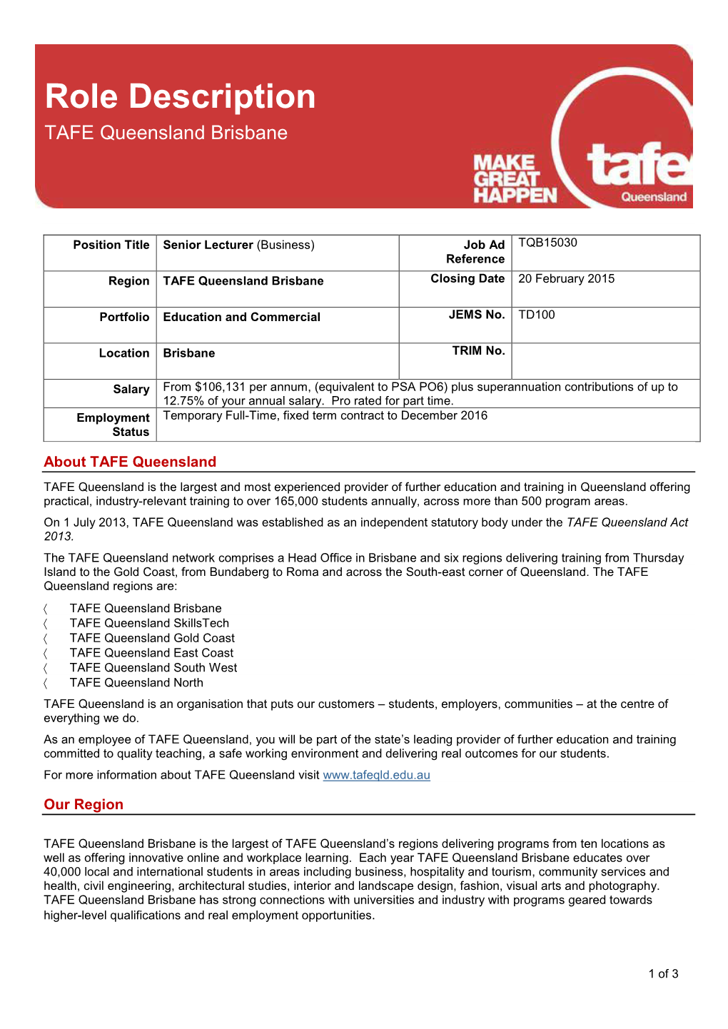 Role Description TAFE Queensland Brisbane