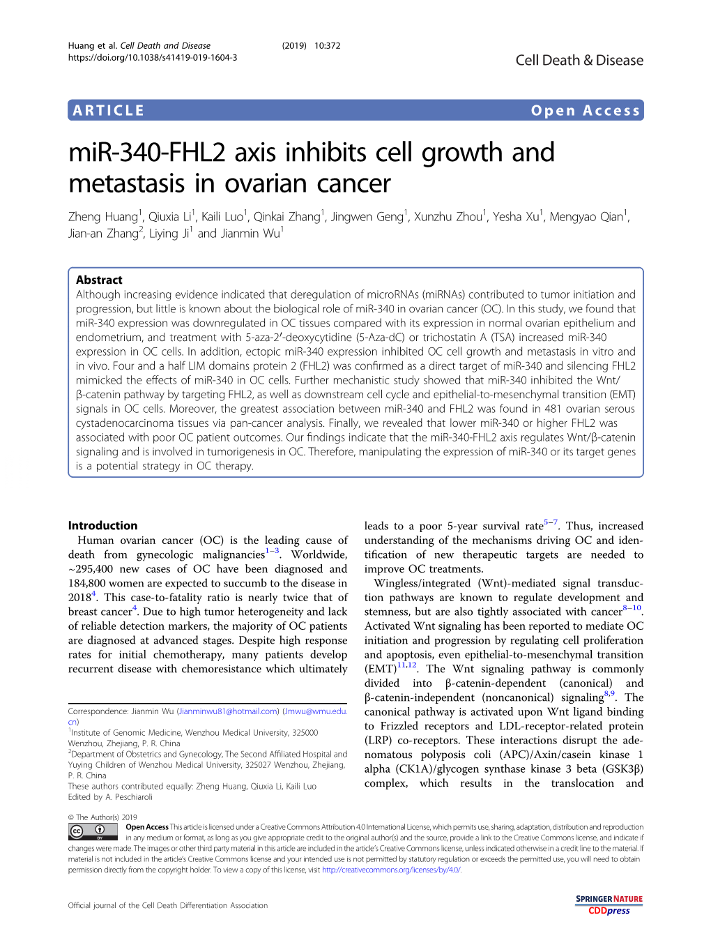 Mir-340-FHL2 Axis Inhibits Cell Growth and Metastasis in Ovarian