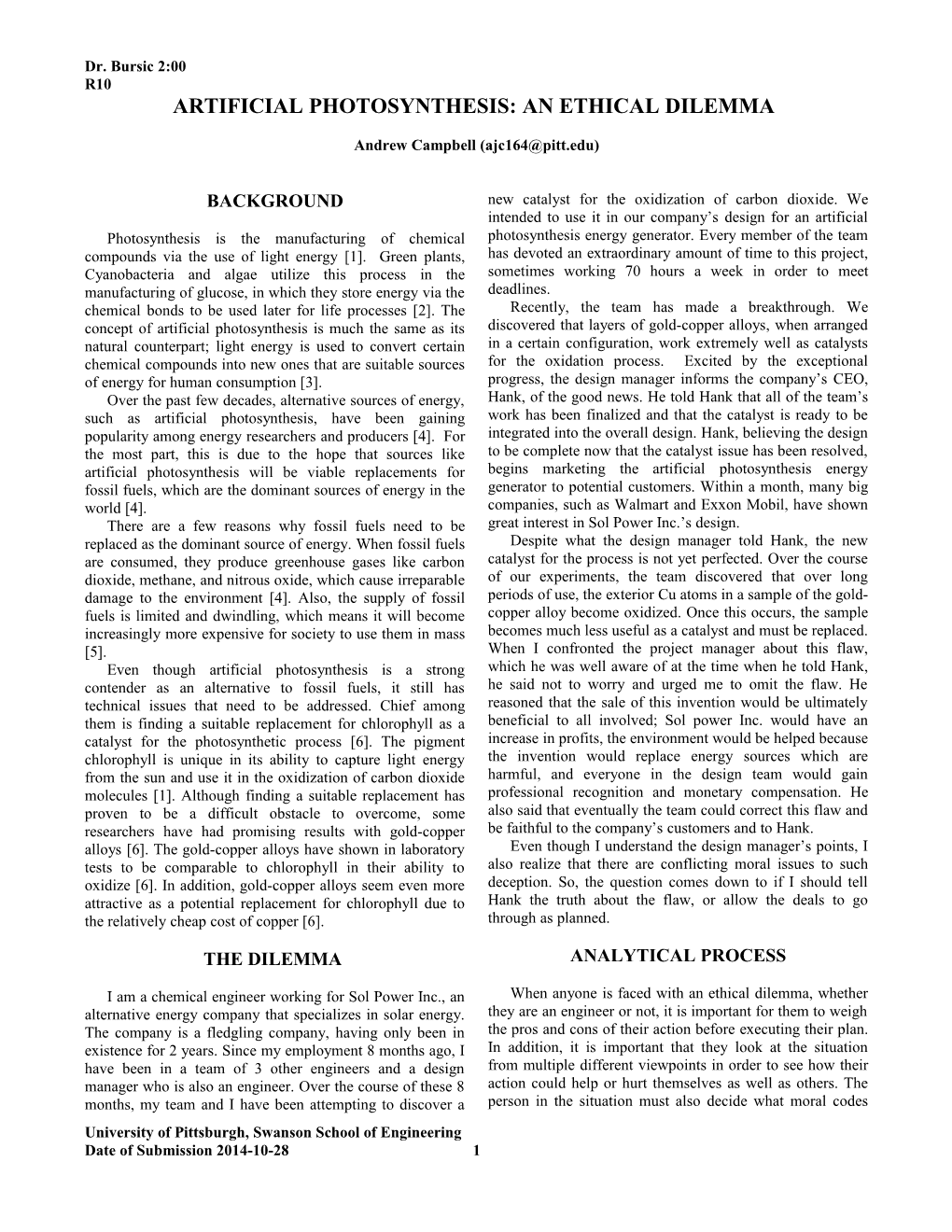 Artificial Photosynthesis: an Ethical Dilemma