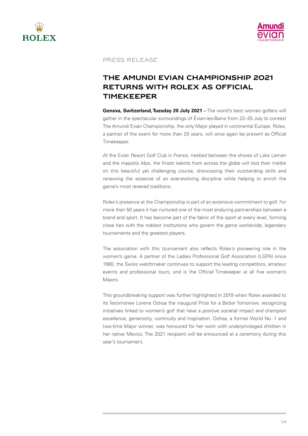 The Amundi Evian Championship 2021 Returns with Rolex As Official Timekeeper