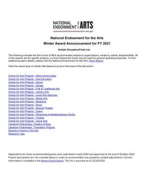 National Endowment for the Arts Winter Award Announcement for FY 2021