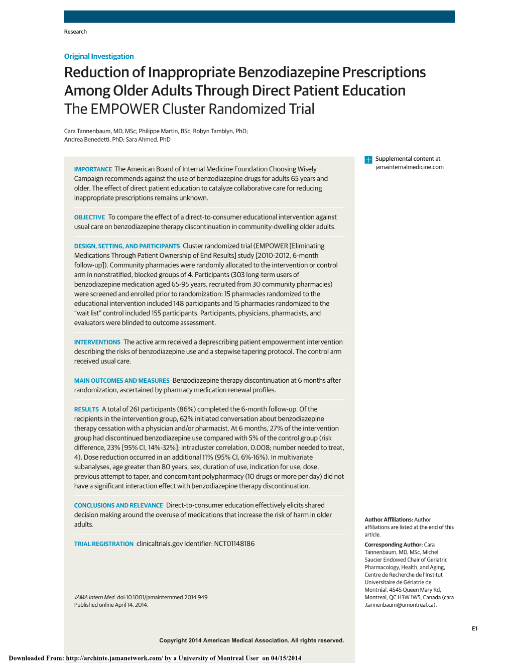 Reduction of Inappropriate Benzodiazepine Prescriptions Among Older Adults Through Direct Patient Education the EMPOWER Cluster Randomized Trial