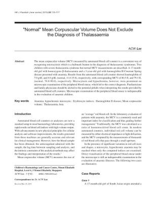 "Normal" Mean Corpuscular Volume Does Not Exclude the Diagnosis of Thalassaemia