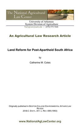 An Agricultural Law Research Article Land Reform for Post-Apartheid South Africa