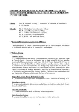 Minutes of Proceedings at Monthly Meeting of the Cobh Municipal District, Held Via Ms Teams on Monday 1St February 2021