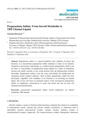 Pregnenolone Sulfate: from Steroid Metabolite to TRP Channel Ligand