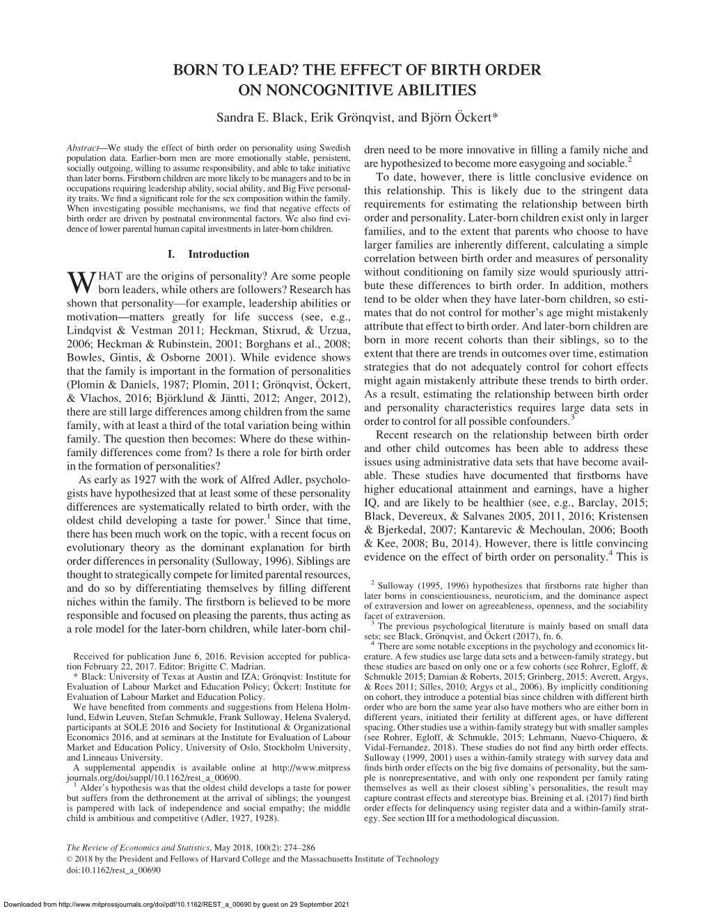 BORN to LEAD? the EFFECT of BIRTH ORDER on NONCOGNITIVE ABILITIES Sandra E