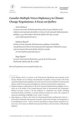 Canada's Multiple Voices Diplomacy in Climate Change Negotiations: a Focus on Québec