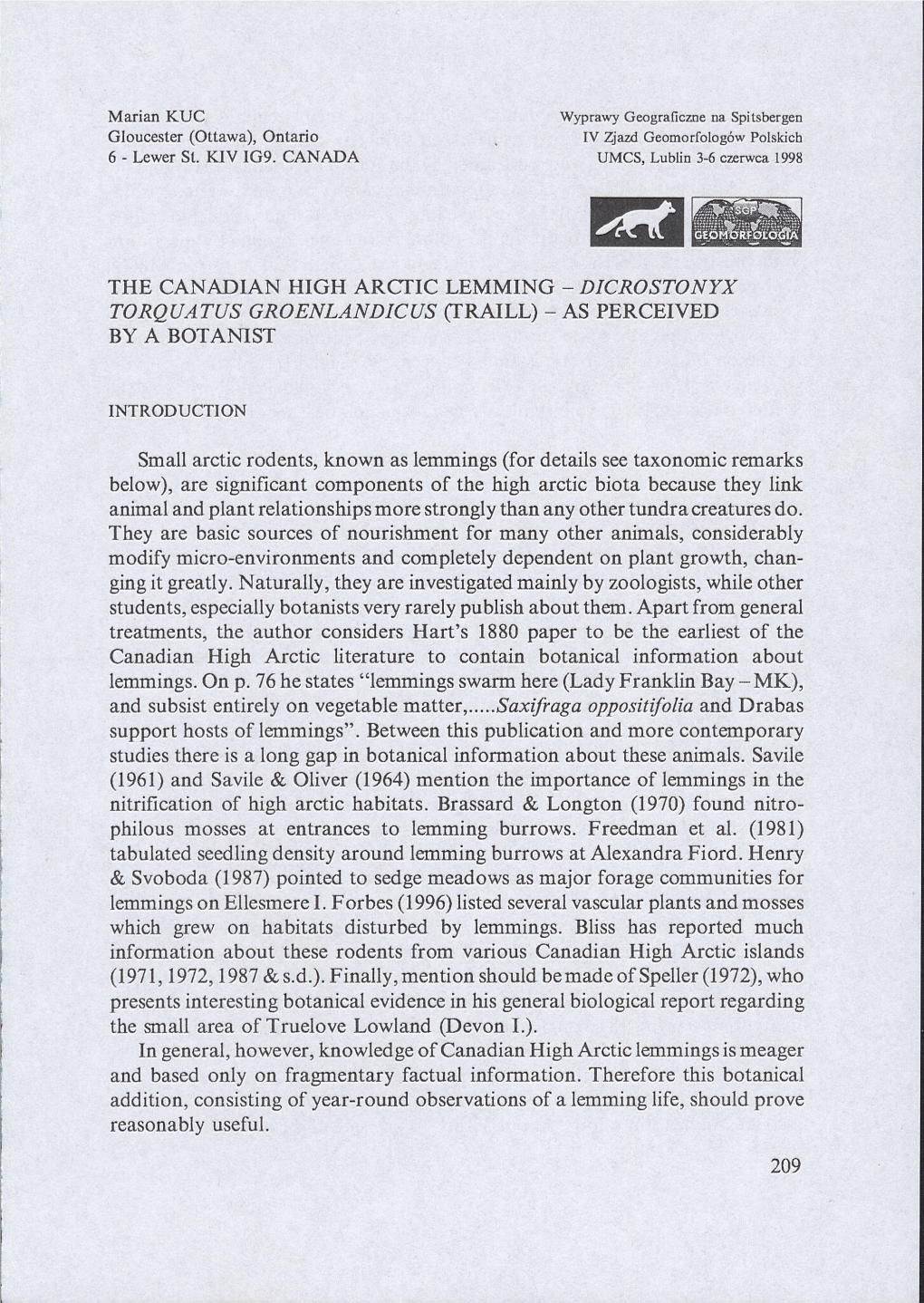 The Canadian High Arctic Lemming - Dicrostonyx Torquatus Groenlandicus (Traill) - As Perceived by a Botanist