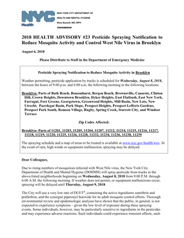 Advisory #23: Pesticide Spraying Notification to Reduce Mosquito Activity and Control West Nile Virus in Brooklyn