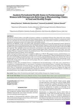 Analysis Periodontal Health Status in Postmenopausal Women with Osteoporosis Referring to Rheumatology Clinics in Yazd and Healthy People