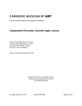 Independent Filmmaker, Kenneth Anger, Lecture