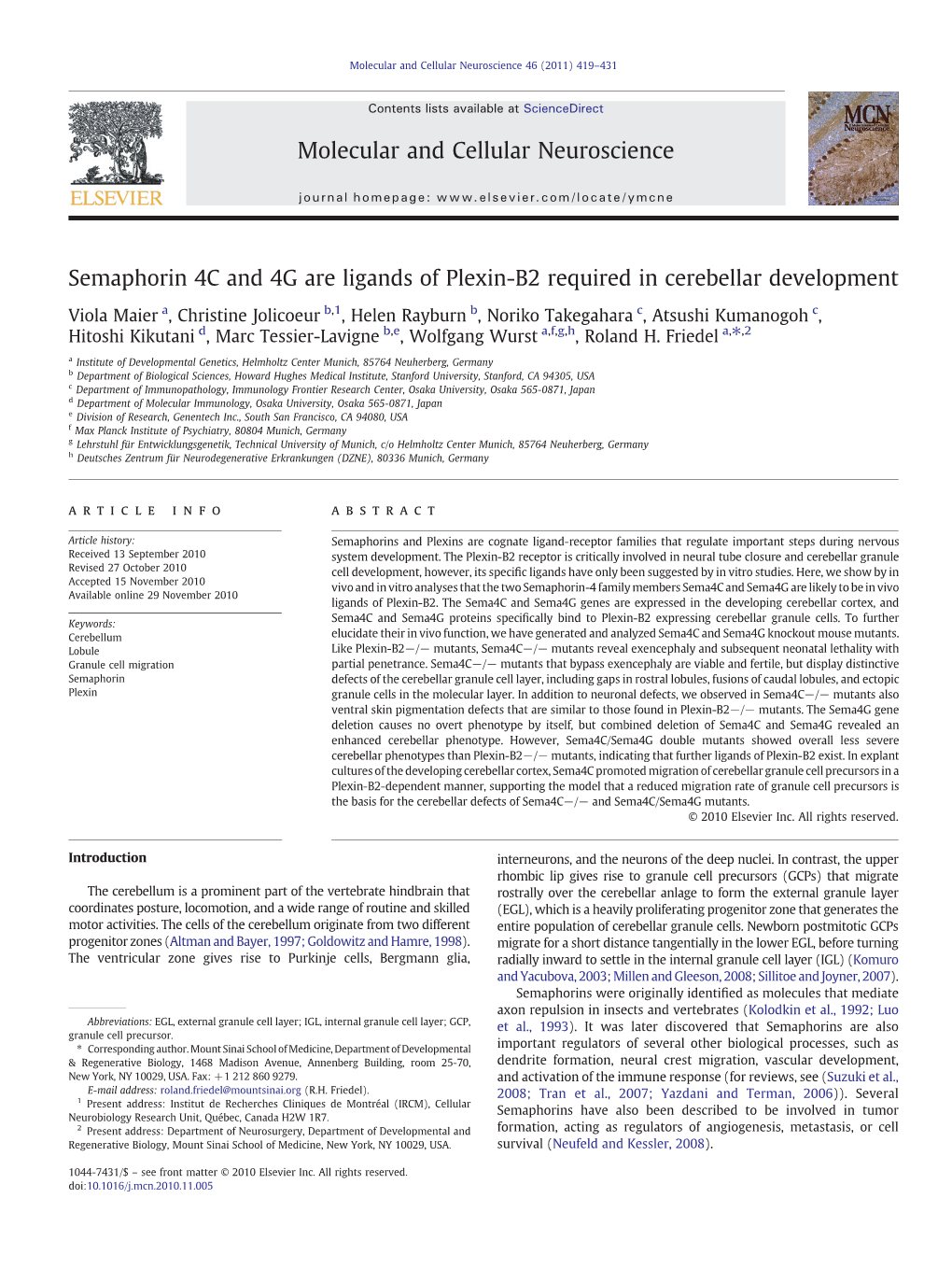 Semaphorin 4C and 4G Are Ligands of Plexin-B2 Required in Cerebellar Development