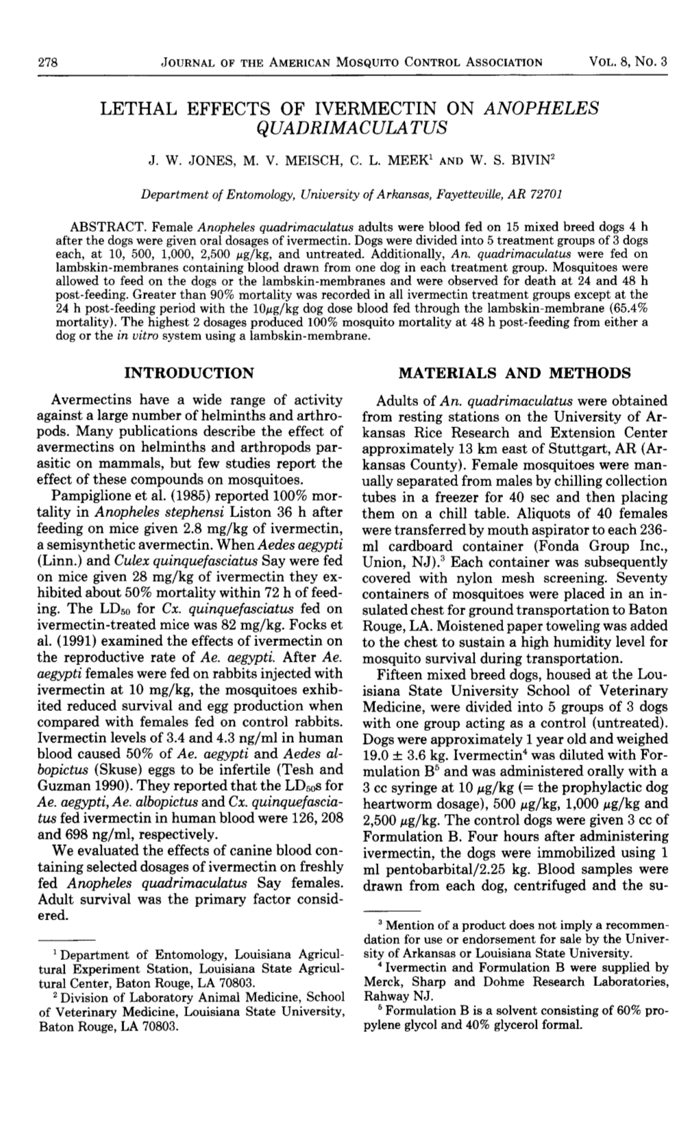 Lethal Effects of Ivermectin on Anophezes Quadnimaculatus