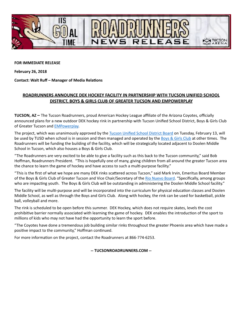 Roadrunners Announce Dek Hockey Facility in Partnership with Tucson Unified School District, Boys & Girls Club of Greater Tucson and Empowerplay