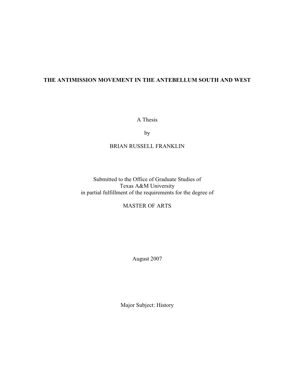 The Antimission Movement in the Antebellum South and West