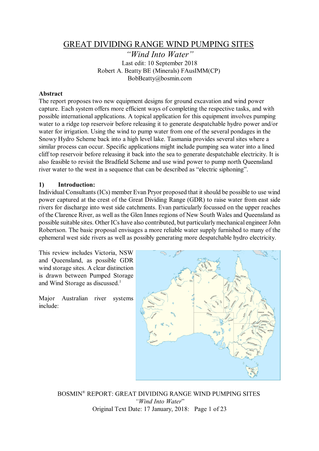 GREAT DIVIDING RANGE WIND PUMPING SITES “Wind Into Water” Last Edit: 10 September 2018 Robert A