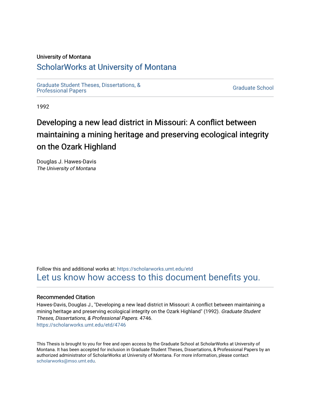 Developing a New Lead District in Missouri: a Conflict Between Maintaining a Mining Heritage and Preserving Ecological Integrity on the Ozark Highland