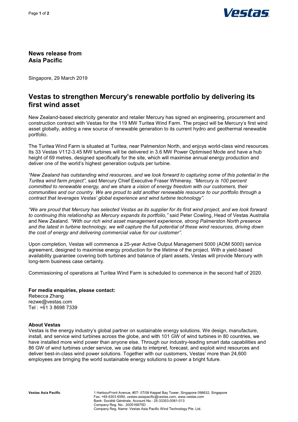 Vestas to Strengthen Mercury's Renewable Portfolio by Delivering Its