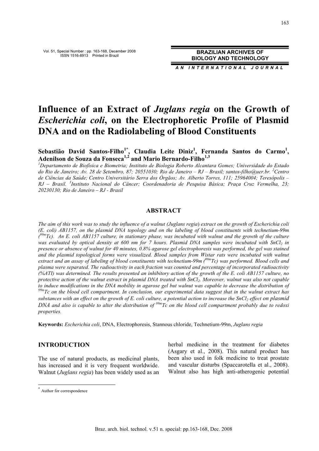 Influence of an Extract of Juglans Regia on the Growth of Escherichia