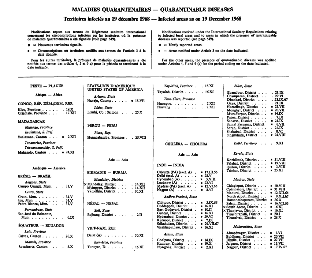 QUARANTTNABLE DISEASES Territoires Infectés Au 19 Décembre 1968 — Infected Areas As on 19 December 1968