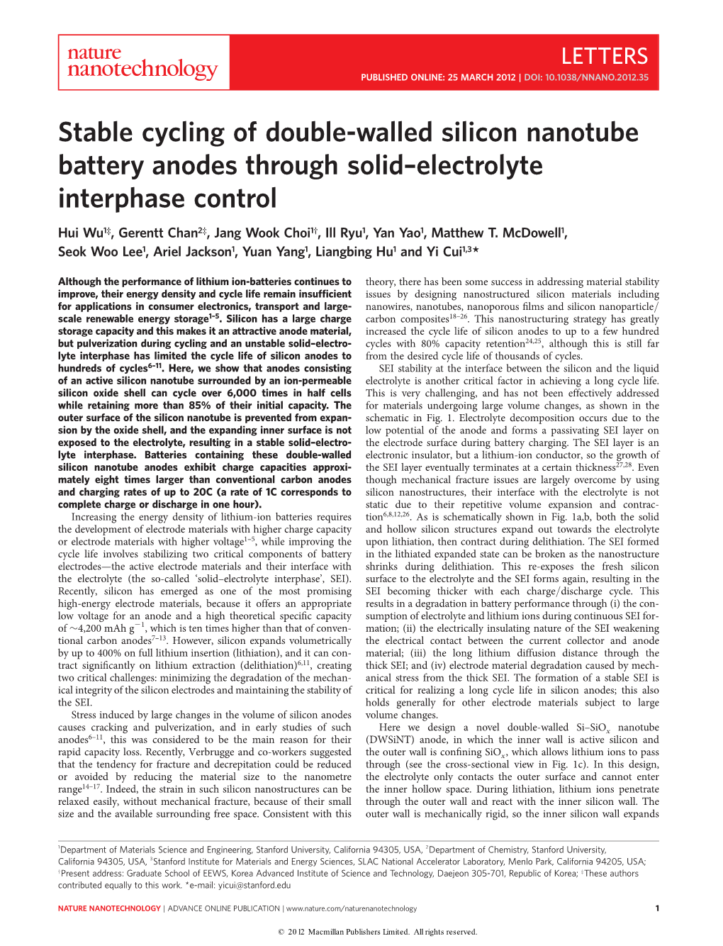 Stable Cycling of Double-Walled Silicon Nanotube Battery Anodes Through Solid–Electrolyte Interphase Control