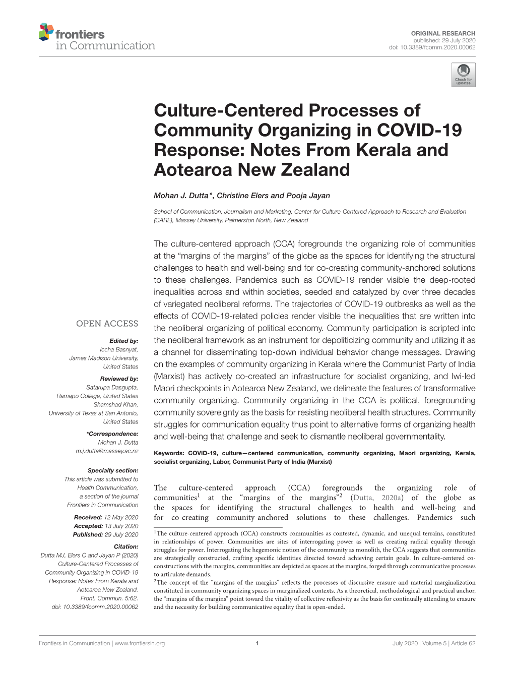 Culture-Centered Processes of Community Organizing in COVID-19 Response: Notes from Kerala and Aotearoa New Zealand