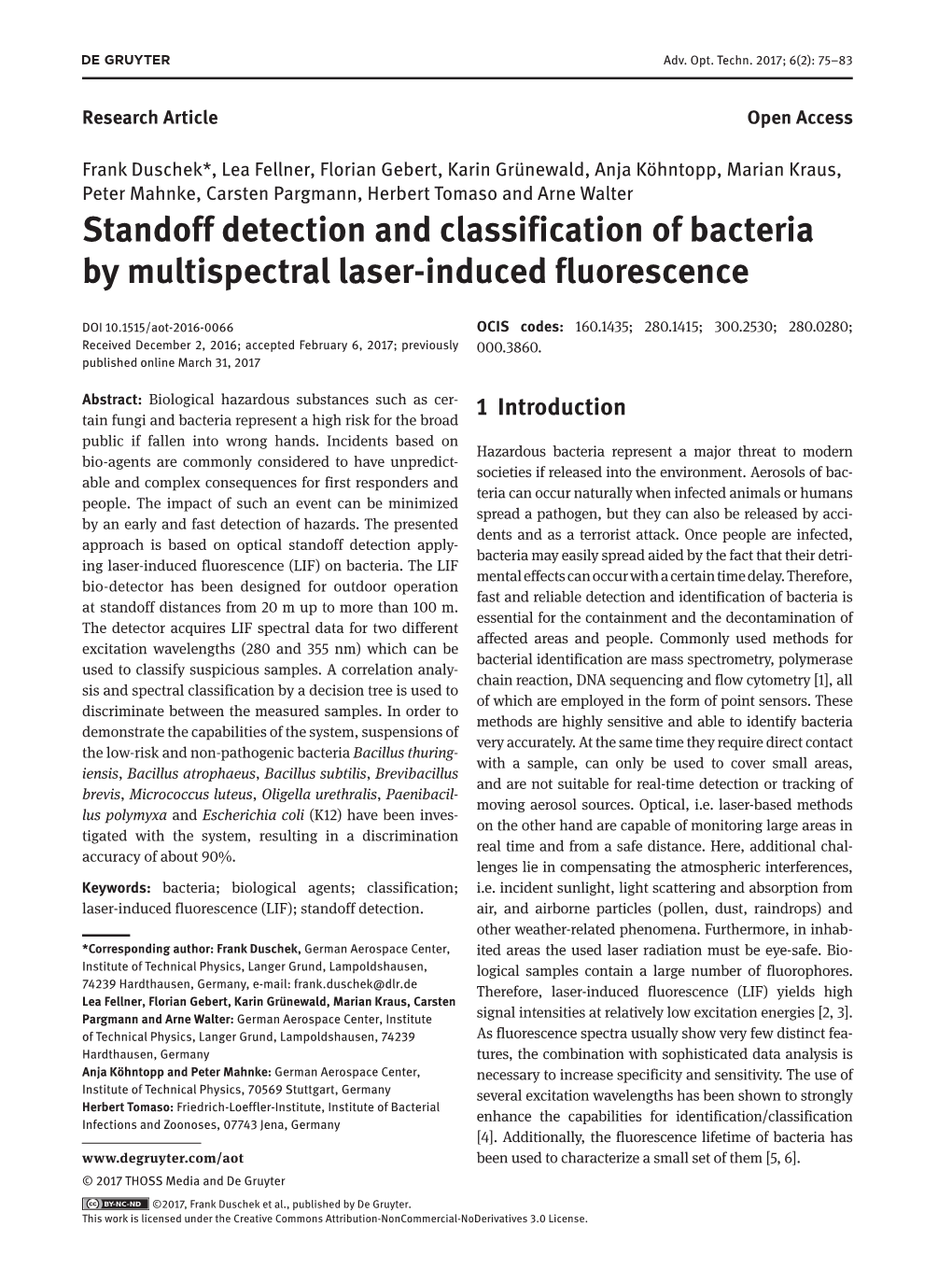Standoff Detection and Classification of Bacteria by Multispectral Laser-Induced Fluorescence
