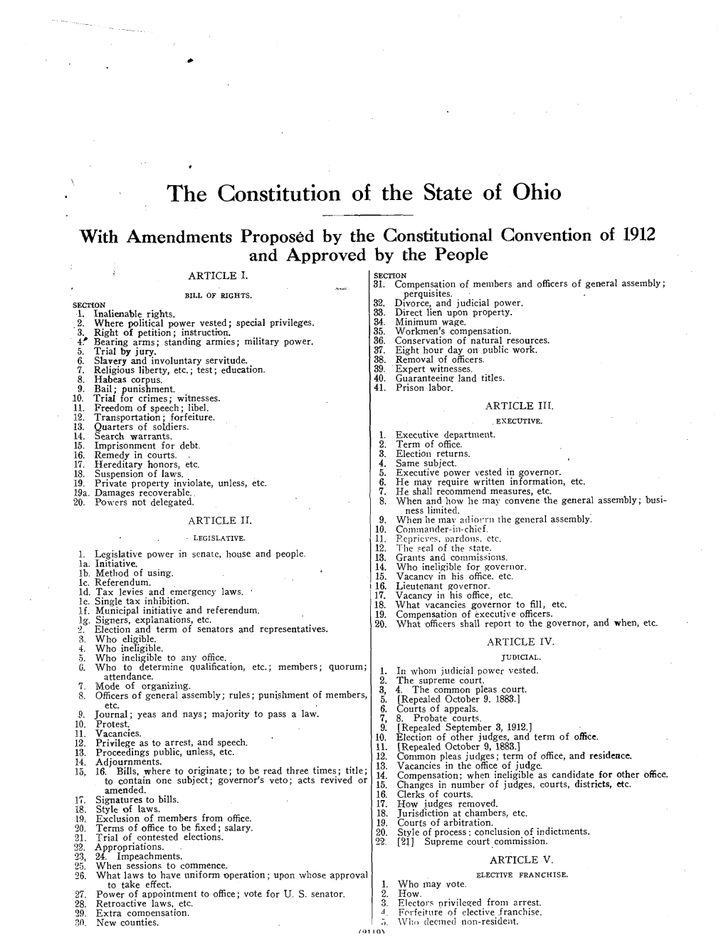 The Constitution of the State of Ohio - with Amendments Proposed by the Constitutional Convention of 1912 and Approved by the People ARTICLE I