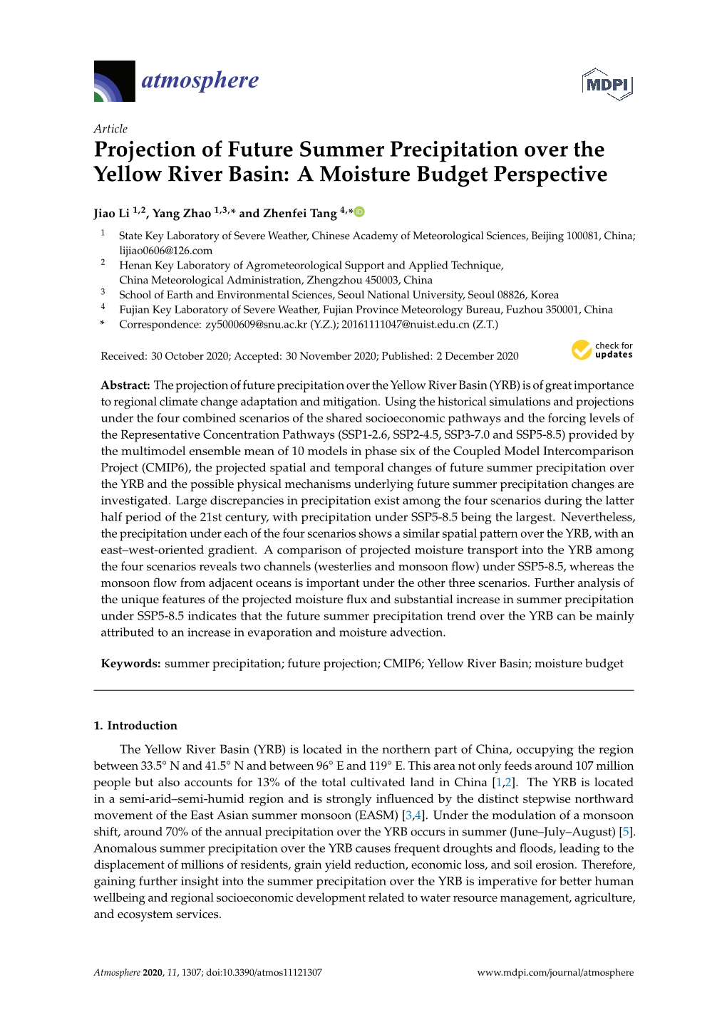 Projection of Future Summer Precipitation Over the Yellow River Basin: a Moisture Budget Perspective