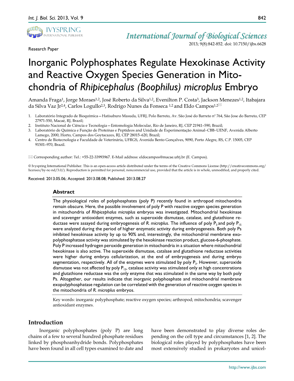 Inorganic Polyphosphates Regulate Hexokinase Activity and Reactive Oxygen Species Generation in Mito- Chondria of Rhipicephalus