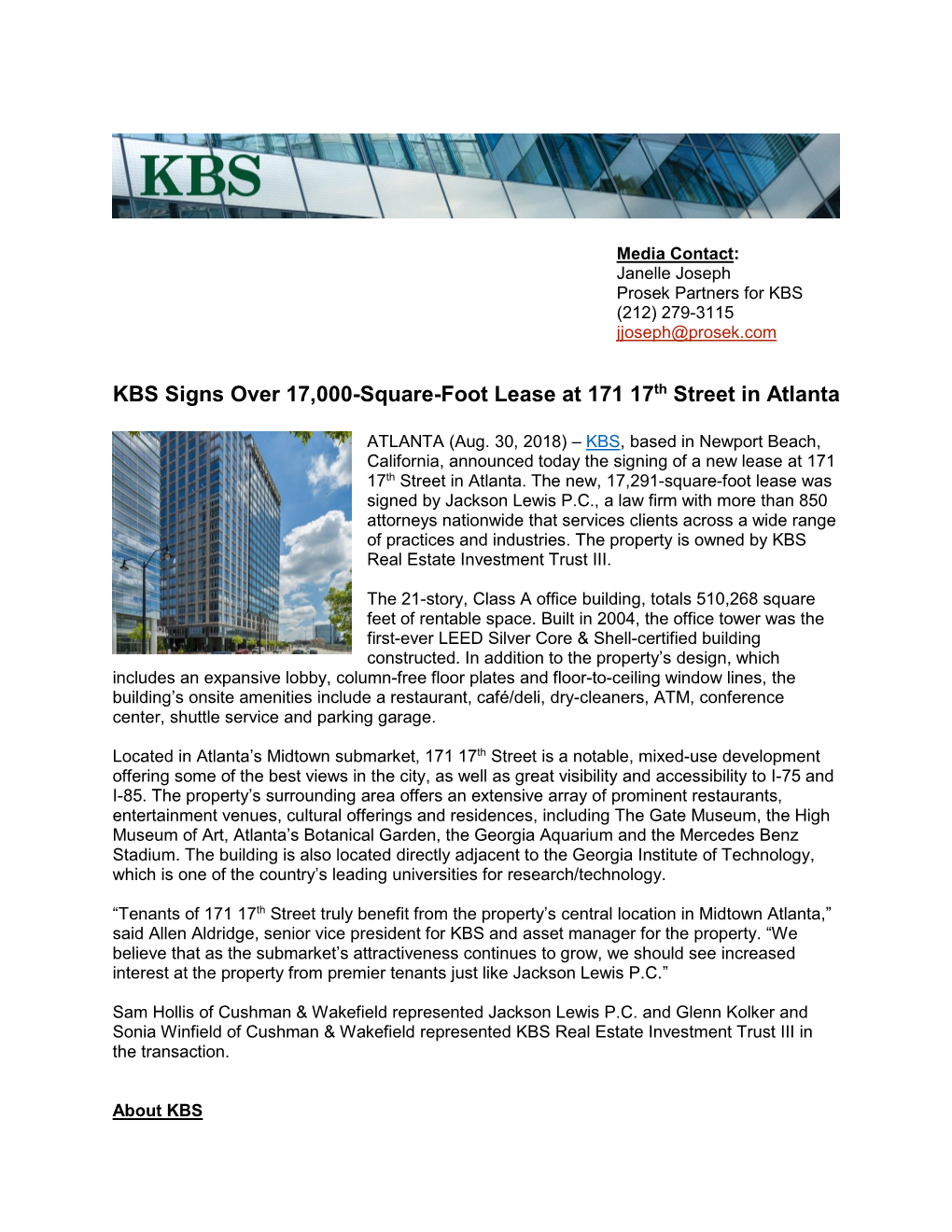 KBS Signs Over 17,000-Square-Foot Lease at 171 17Th Street in Atlanta